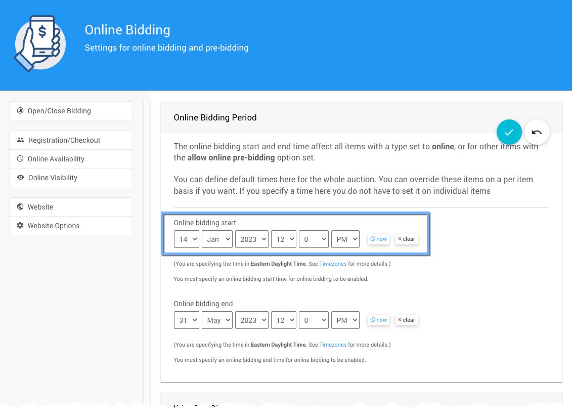 Editing the Online bidding start time