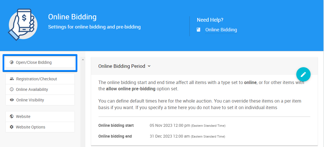 Online Bidding page sidebar with the Open/Close Bidding option