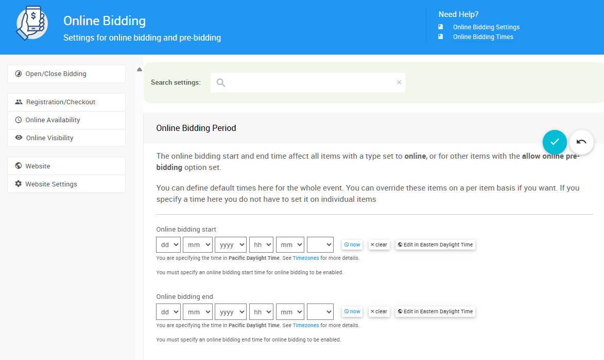 Online Bidding Period section on the Online Bidding page