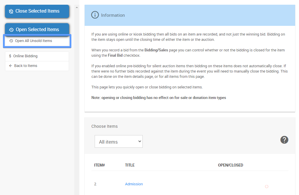 Open All Unsold Items option on the Open/Close Bidding page