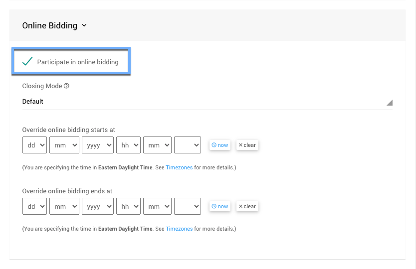 Online Bidding section of a Paper item with Participate in online bidding turned on