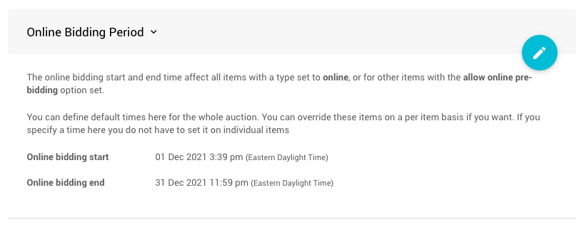Online Bidding Period with example start and end times