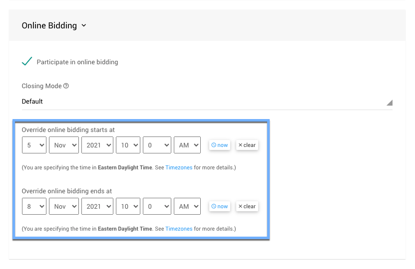 Item Online Availability section with override start and end times