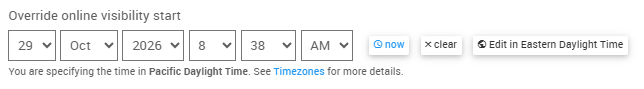 Date and time picker with the Edit in button and the timezone note below the field