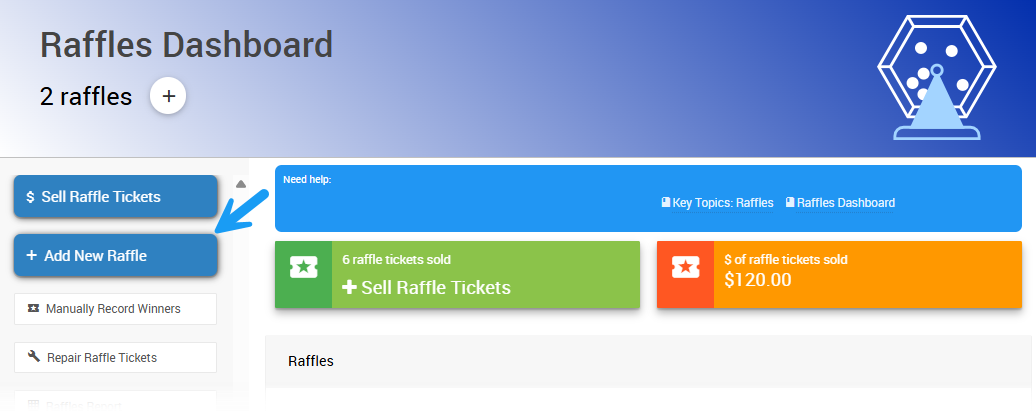 Add New Raffle button on the Raffles dashboard