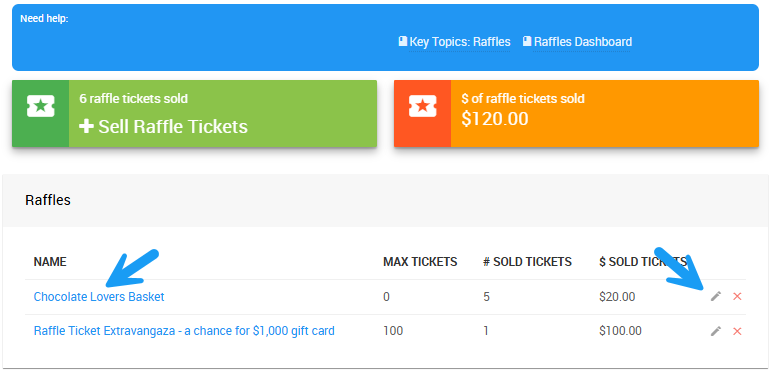 Opening a raffle's details page from the Raffles dashboard