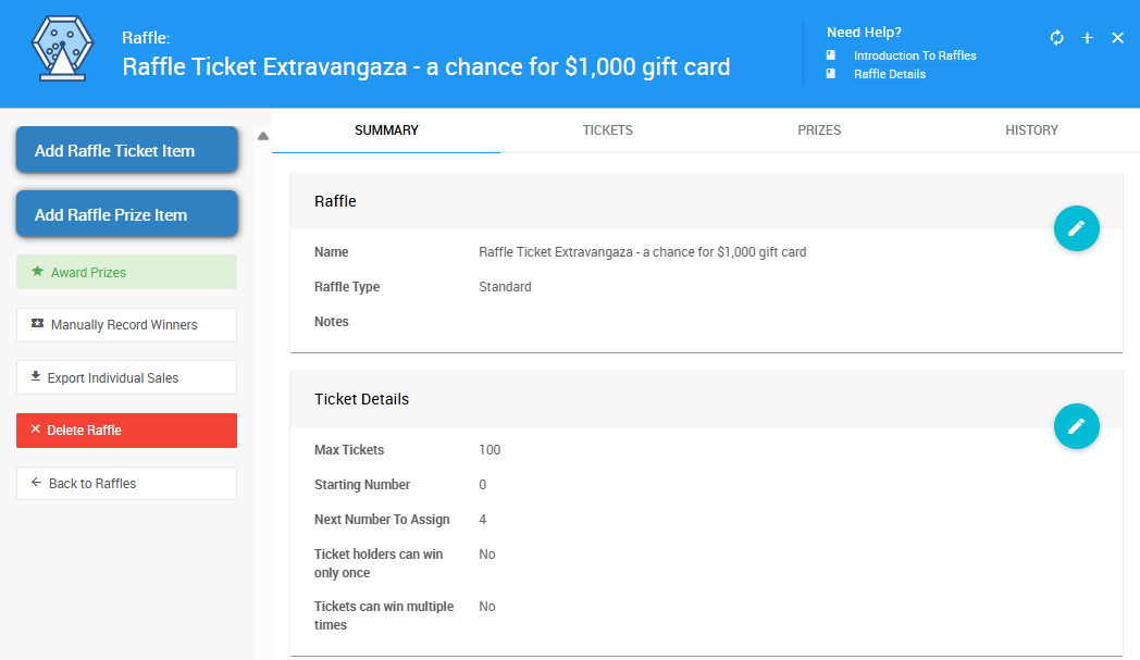 Raffle Details page showing tickets, prizes, and transaction history