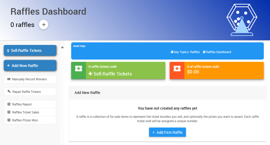 Raffles dashboard showing the Add First Raffle button