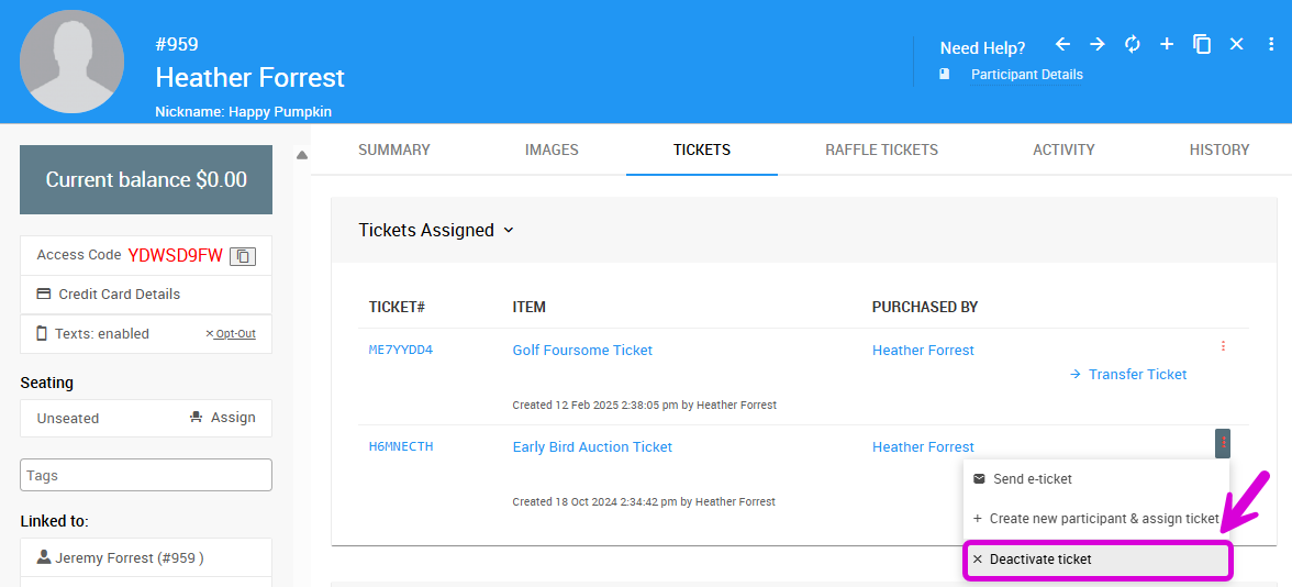 Tickets tab on a Participant Details page, showing a ticket's options menu