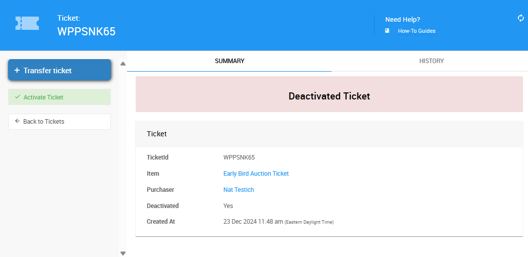 Deactivated Ticket banner at the top of the Ticket Details page