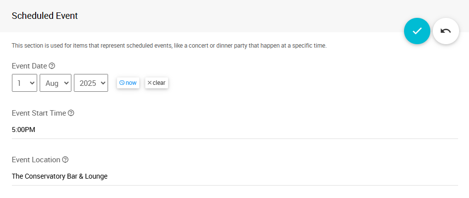Scheduled Event section with Start Time, Location, and Notes fields