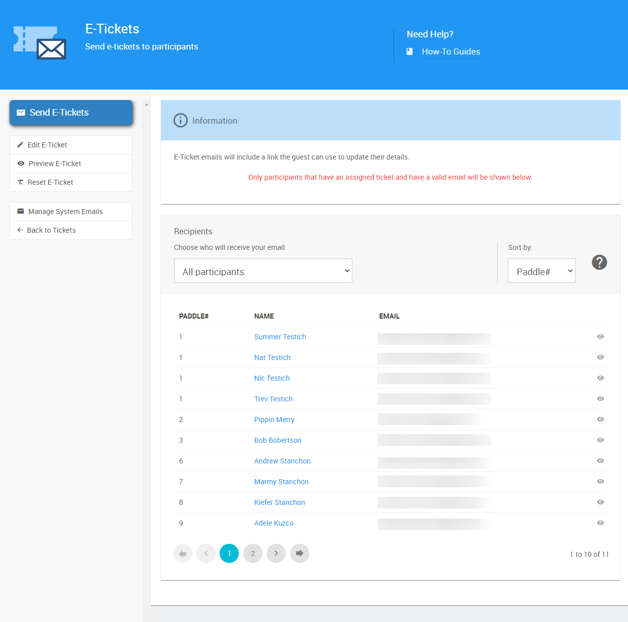 E-Tickets Dashboard showing available E-Ticket actions