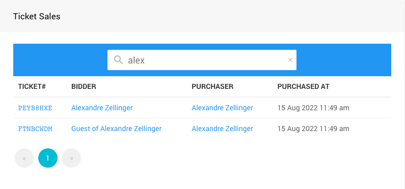 Search box filtering the Tickets Sold report