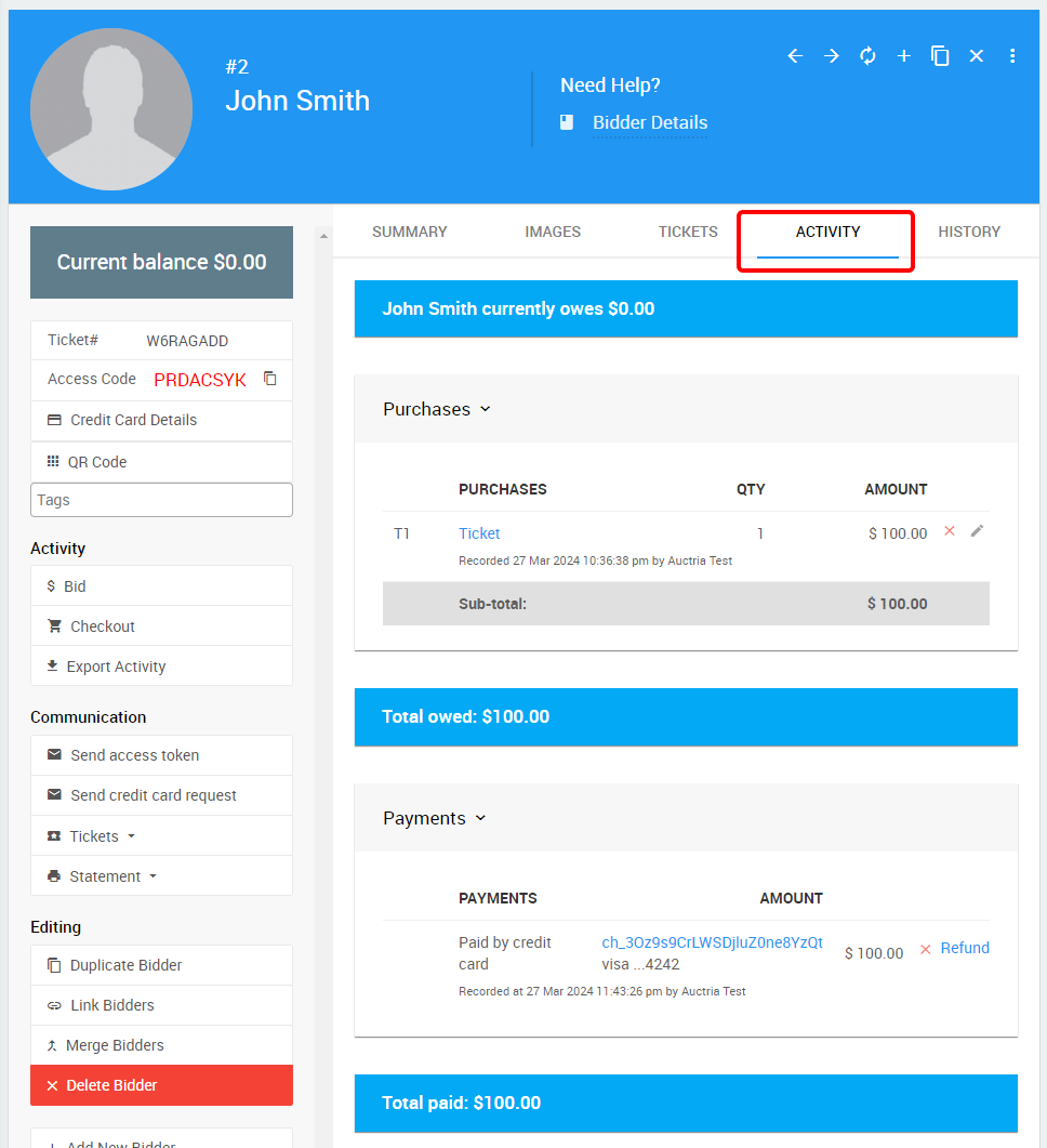 Activity tab showing Purchases and Payments