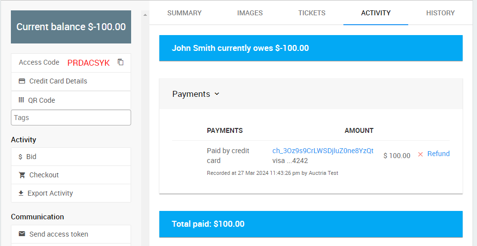 Participant showing a credit balance after the purchase is deleted