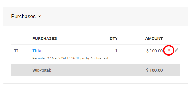 Red X icon for deleting a purchase record