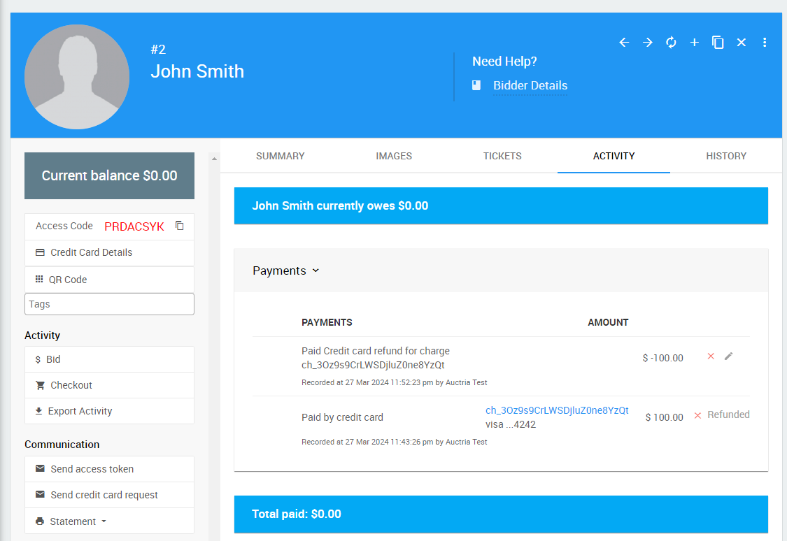 Participant balance showing $0.00 after the refund