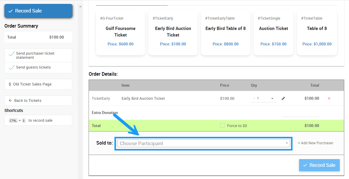 Choose Participant field in the Order Details section